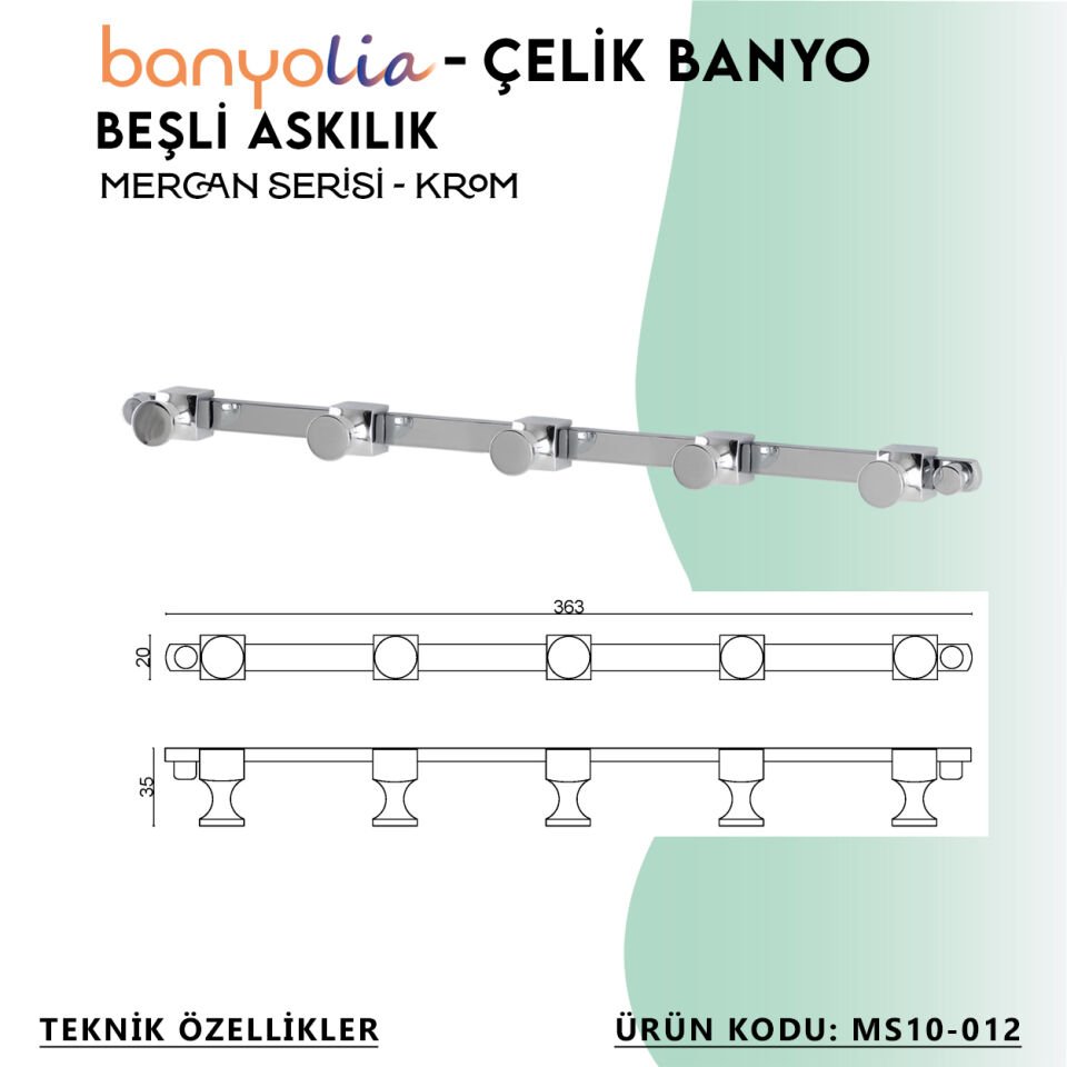 BANYOLİA - Çelik Banyo Mercan Beşli Askılık (MS10-012)
