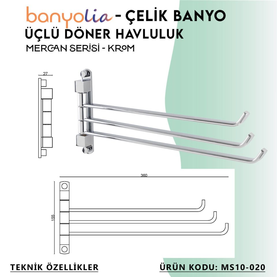 BANYOLİA - Çelik Banyo Mercan Üçlü Döner Havluluk (MS10-020)
