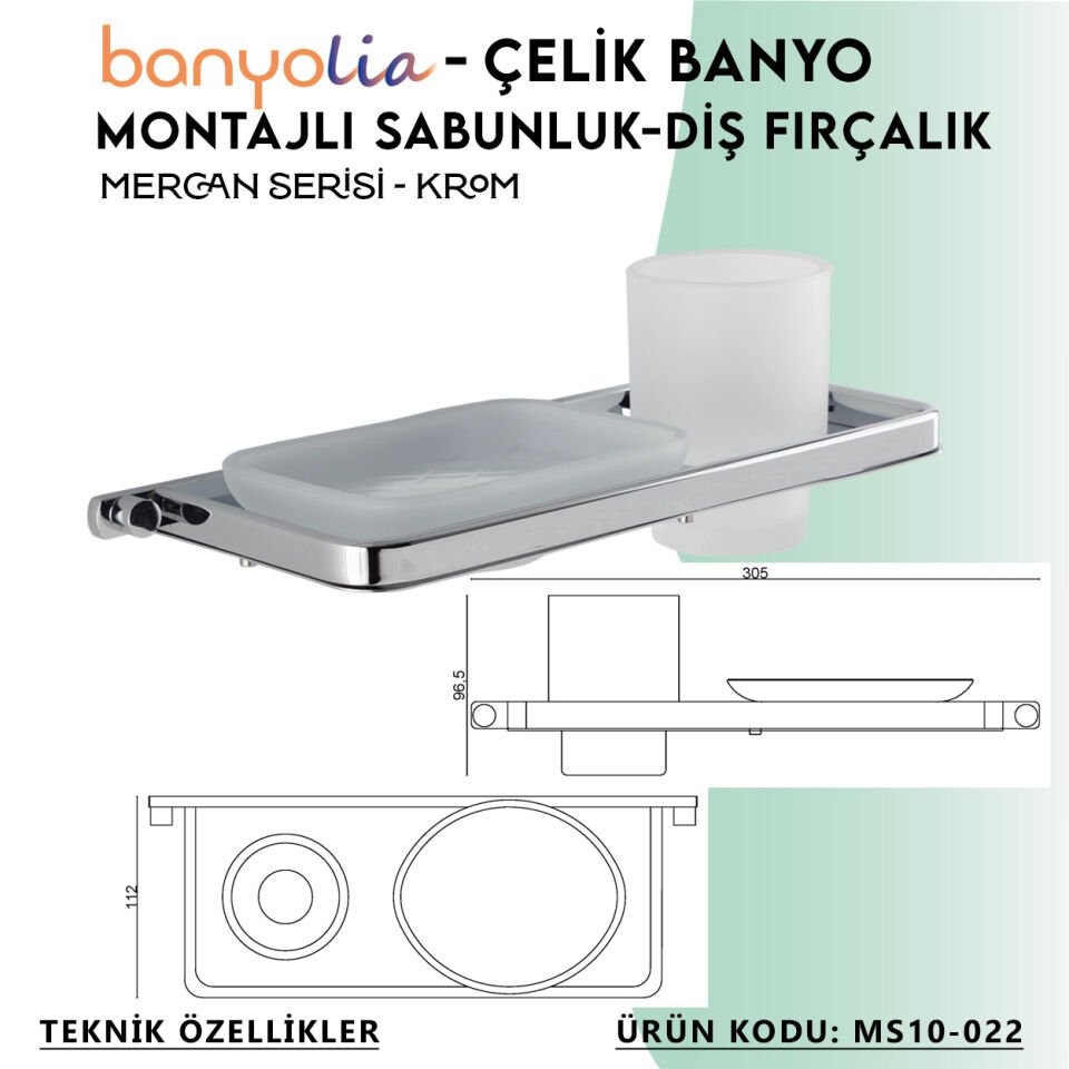 BANYOLİA - Çelik Banyo Mercan Montajlı Sabunluk-Diş Fırçalık (MS10-022)