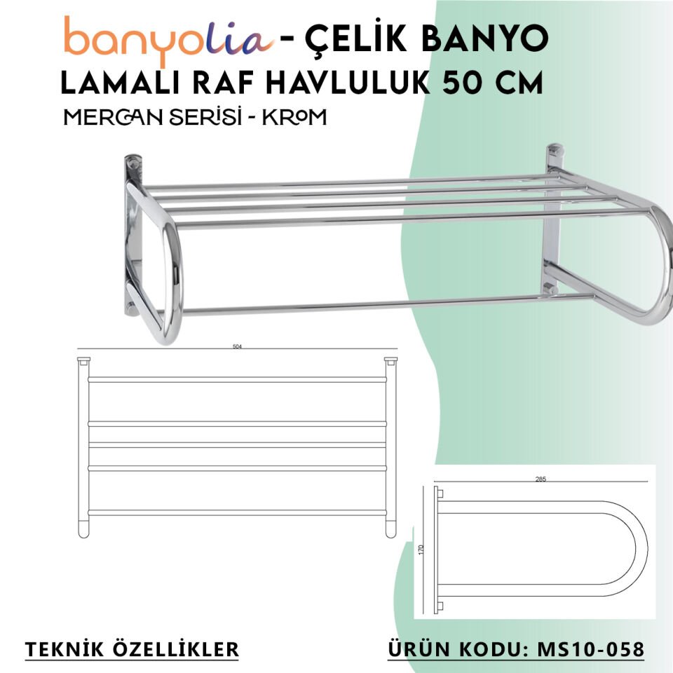BANYOLİA - Çelik Banyo Mercan Lamalı Raf Havluluk 50cm (MS10-058)
