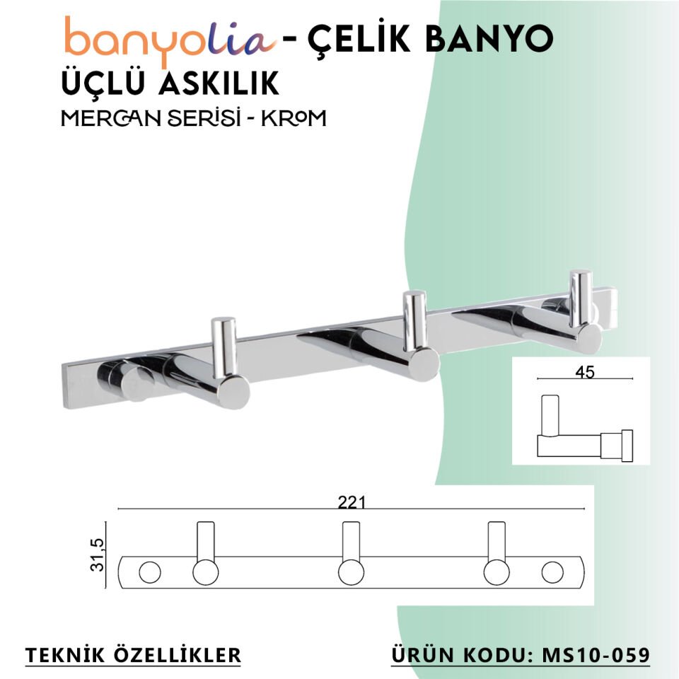 BANYOLİA - Çelik Banyo Mercan Üçlü Askılık (MS10-059)