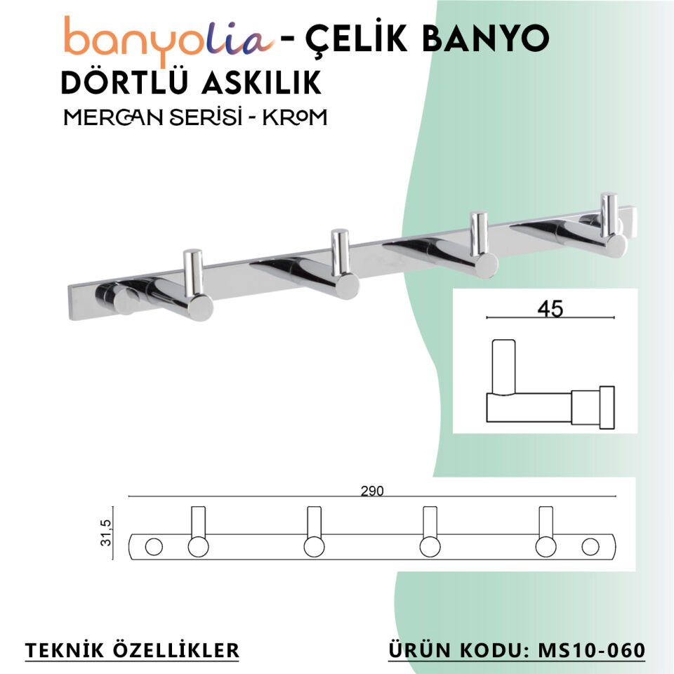 BANYOLİA - Çelik Banyo Mercan Dörtlü Askılık (MS10-060)