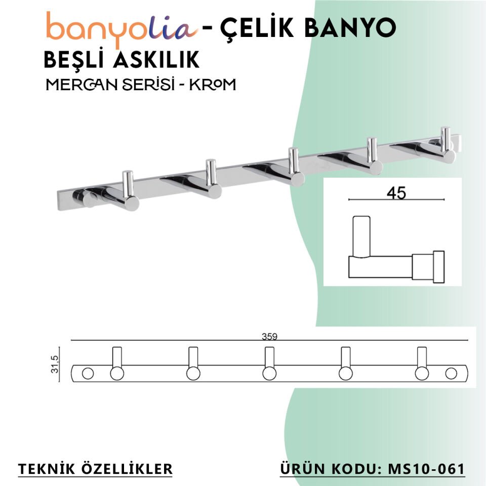 BANYOLİA - Çelik Banyo Mercan Beşli Askılık (MS10-061)