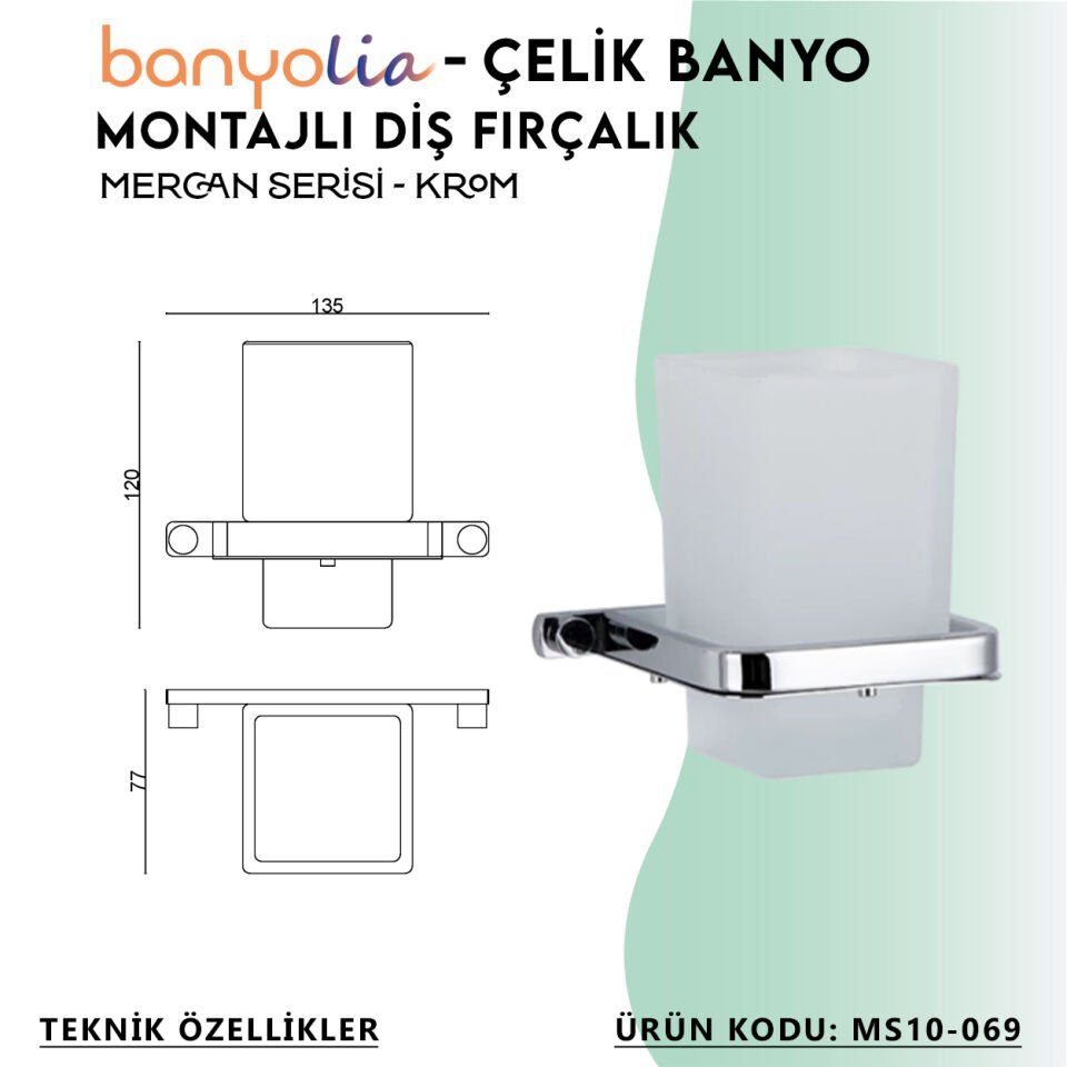 BANYOLİA - Çelik Banyo Mercan Montajlı Diş Fırçalık (MS10-069)