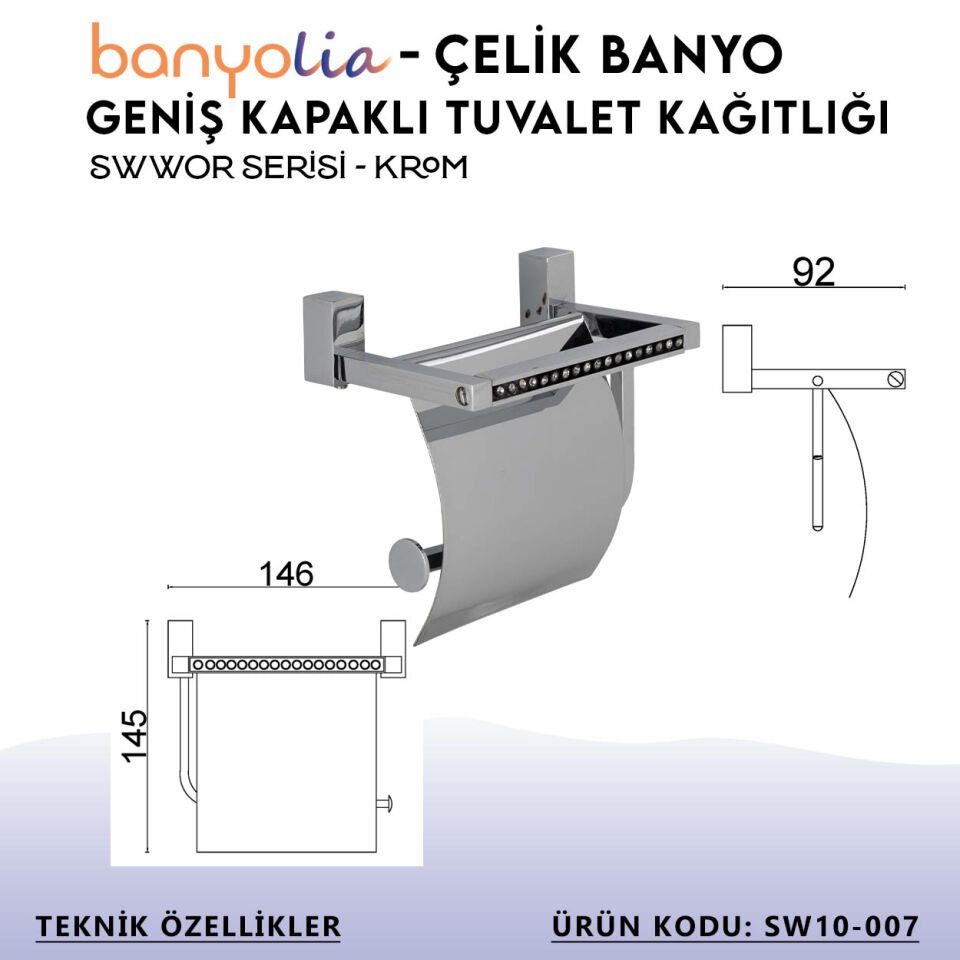 BANYOLİA - Çelik Banyo Swwor Geniş Kapaklı Tuvalet Kağıtlığı (SW10-007)