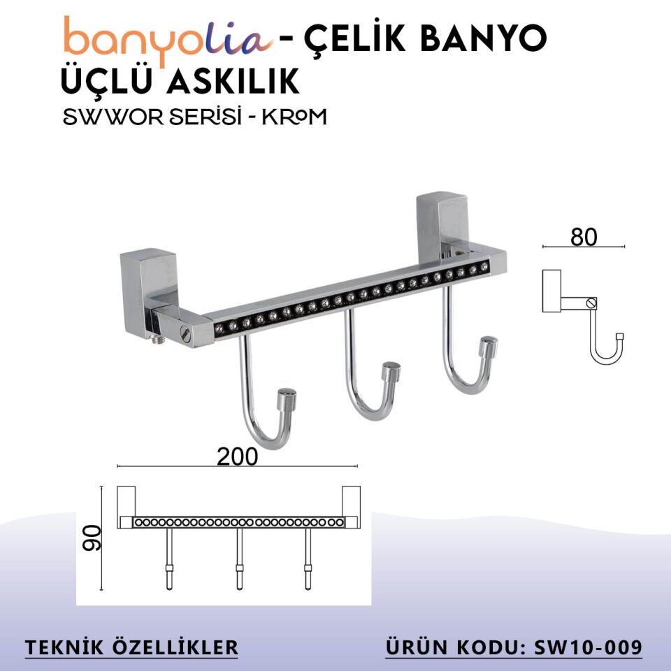 BANYOLİA - Çelik Banyo Swwor Üçlü Askılık (SW10-009)