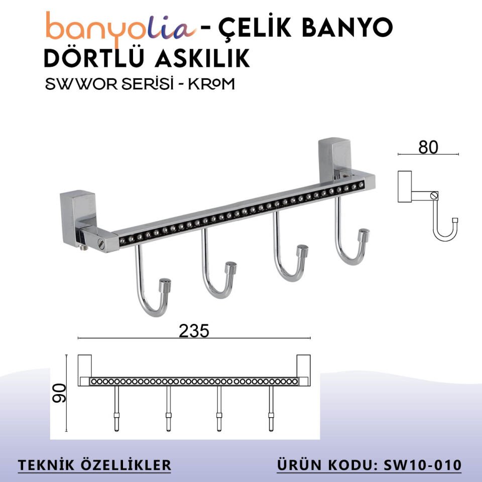 BANYOLİA - Çelik Banyo Swwor Dörtlü Askılık (SW10-010)