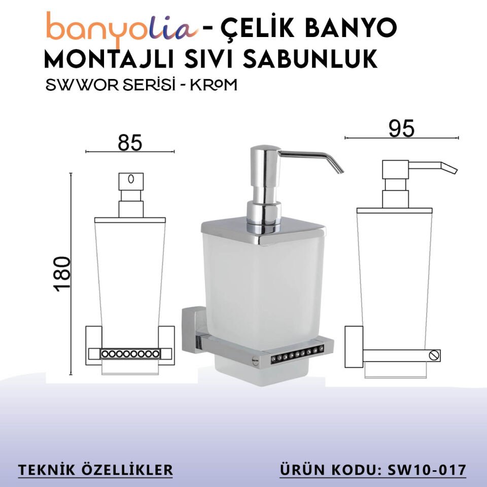 BANYOLİA - Çelik Banyo Swwor Montajlı Sıvı Sabunluk (SW10-017)