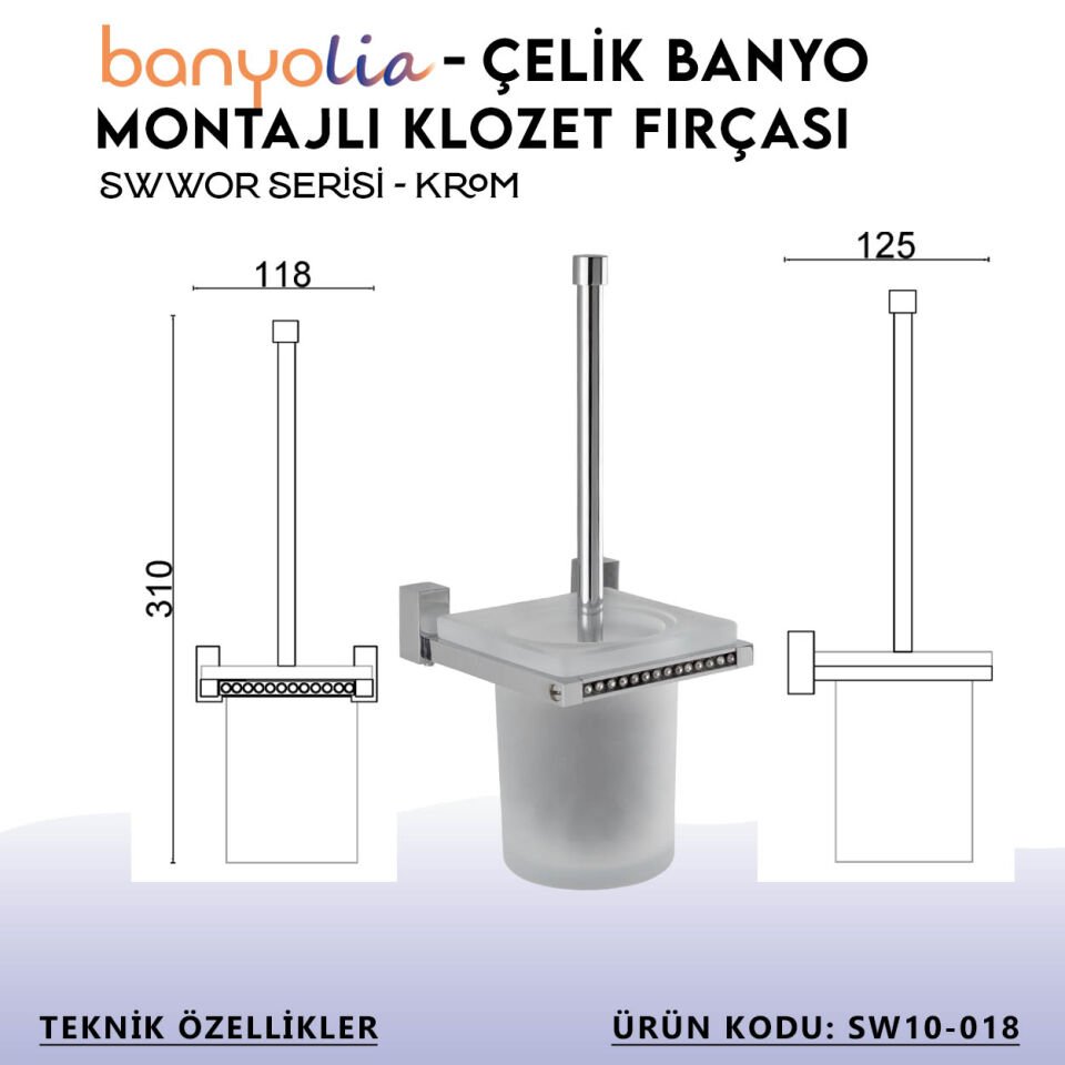 BANYOLİA - Çelik Banyo Swwor Montajlı Klozet Fırçası (SW10-018)
